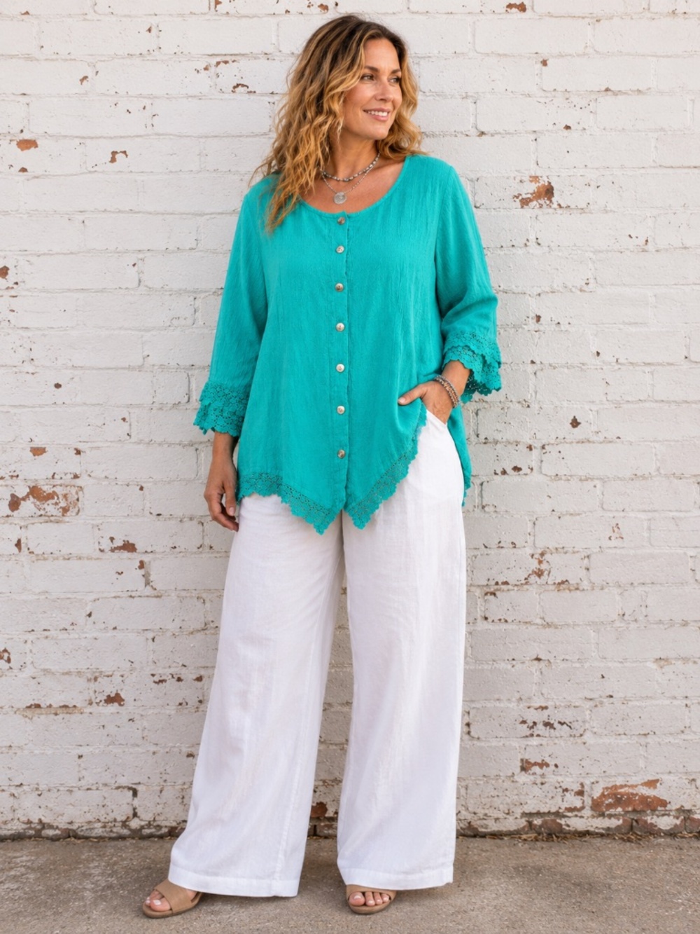 Vintage Teal Cotton Gauze Crochet Trim Button Front Tunic Top XL 1X